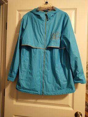 Charles River Women's Monogrammed Teal Blue Hooded Rain Jacket